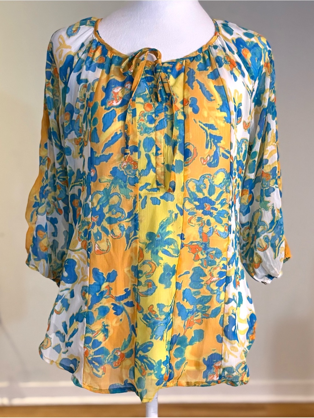 Figueroa & Flower Tie Neck Peasant Boho Floral Blouse, Blue and Yellow, Petite M